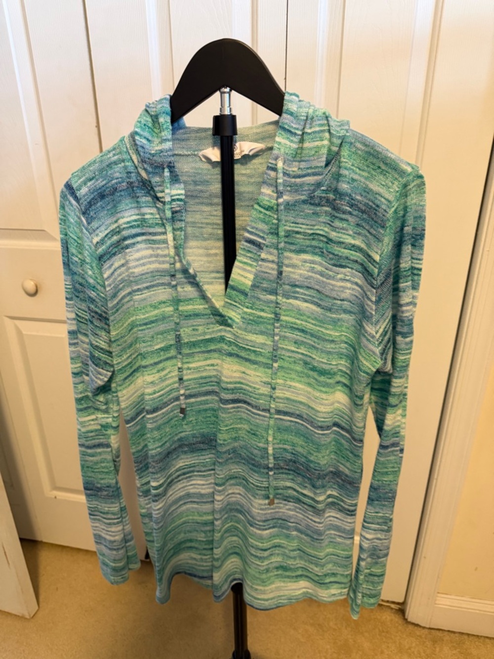 Light Blue Green Striped Hooded Knit Sweater